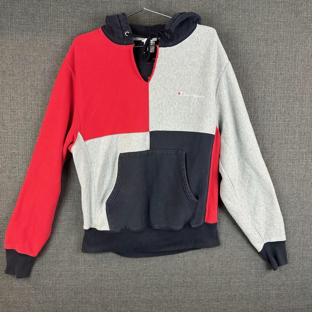 Champion Hoodie Mens Medium Red Gray Black Reverse Weave Pullover Patchwork